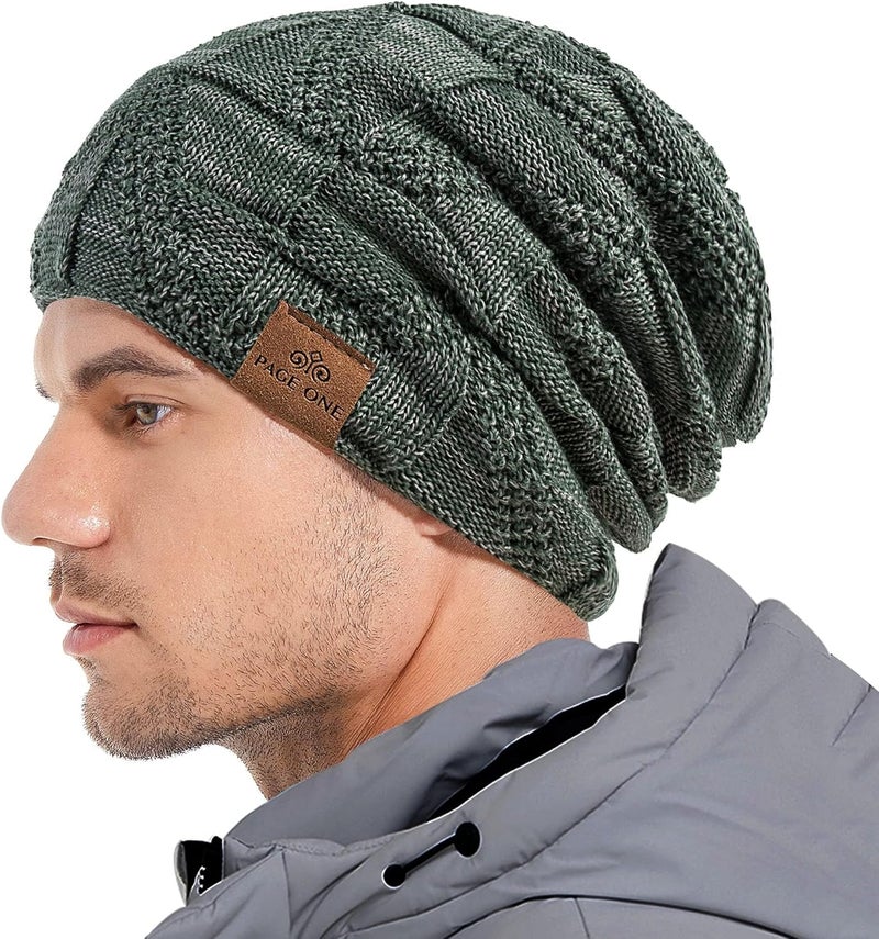 PAGE ONE Mens Winter Slouchy Beanie Warm Fleece Lined Skull Cap Baggy Cable Knit Hat - Image 2